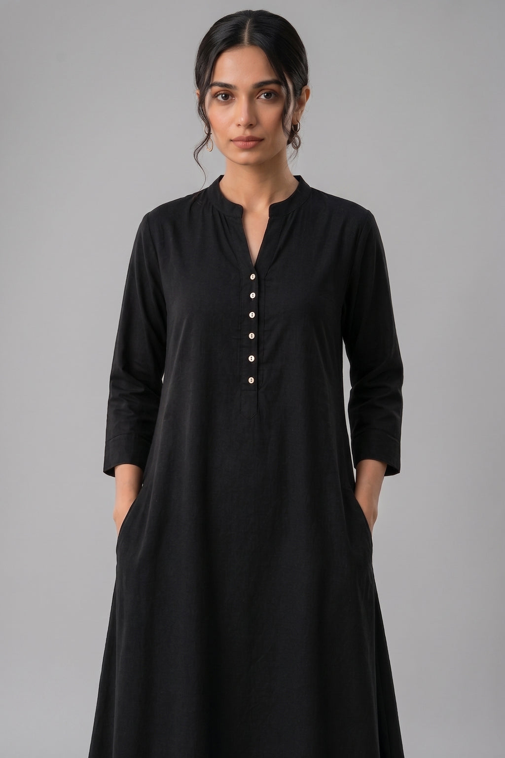 Black Cotton Button Down Flared Kurta Set with Pockets