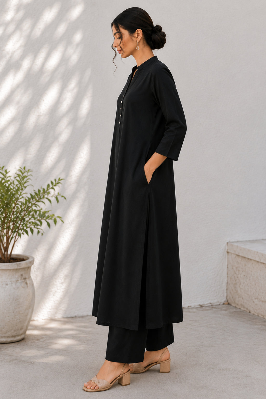 Black Cotton Button Down Flared Kurta Set with Pockets