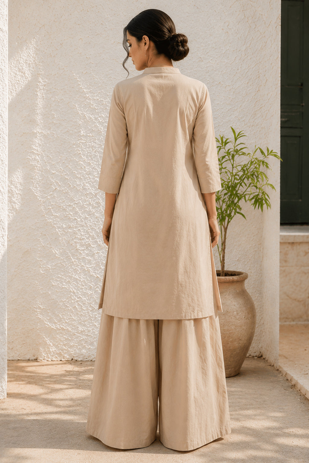 Natural Beige Cotton Tunic & Voluminous Palazzo Set