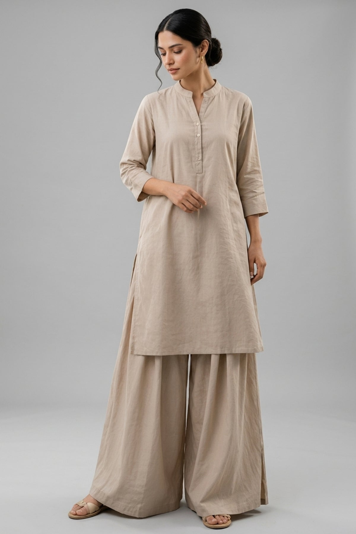 Natural Beige Cotton Tunic & Voluminous Palazzo Set