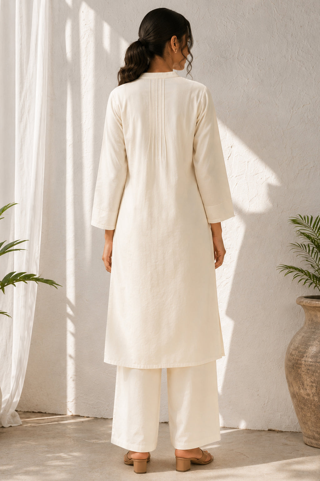 White Pin Tucked Cotton Straight Kurta & Pants Set