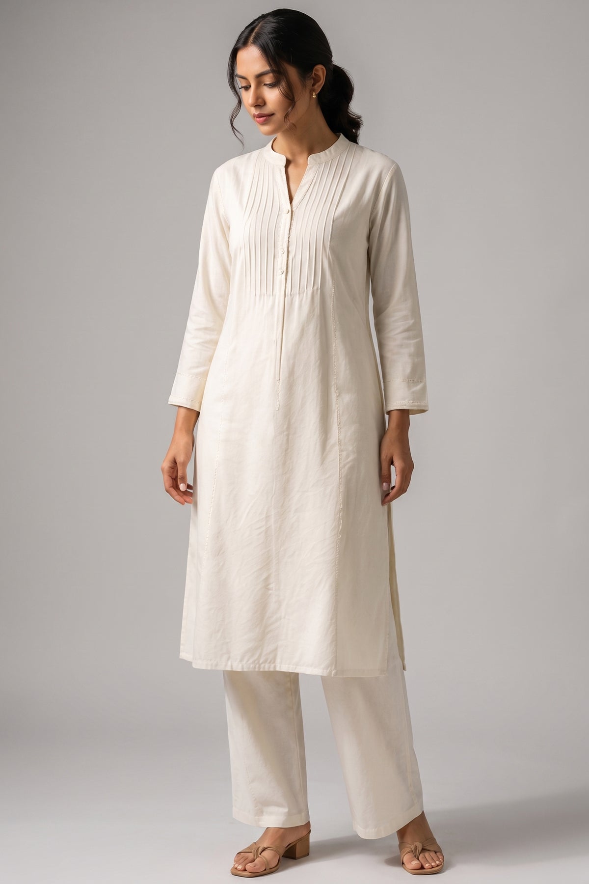 White Pin Tucked Cotton Straight Kurta & Pants Set