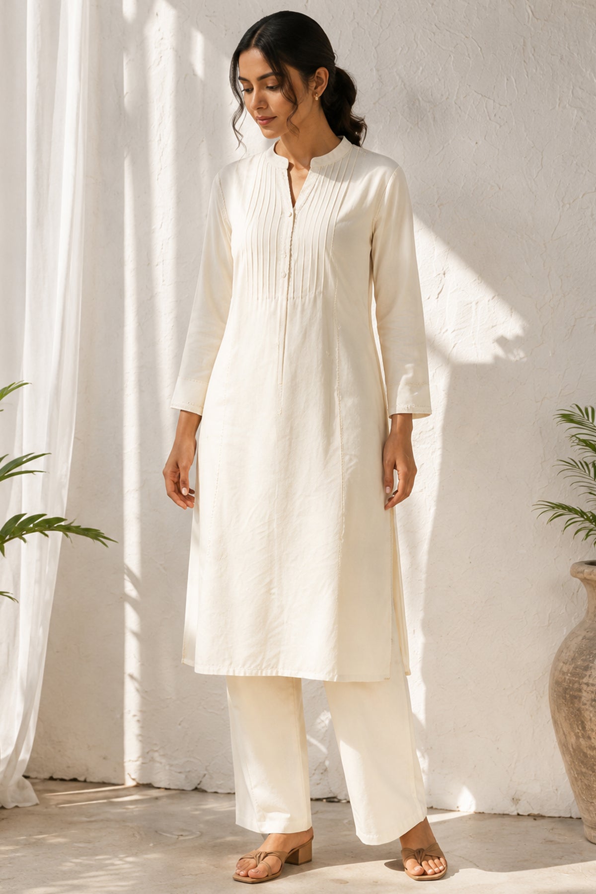 White Pin Tucked Cotton Straight Kurta & Pants Set