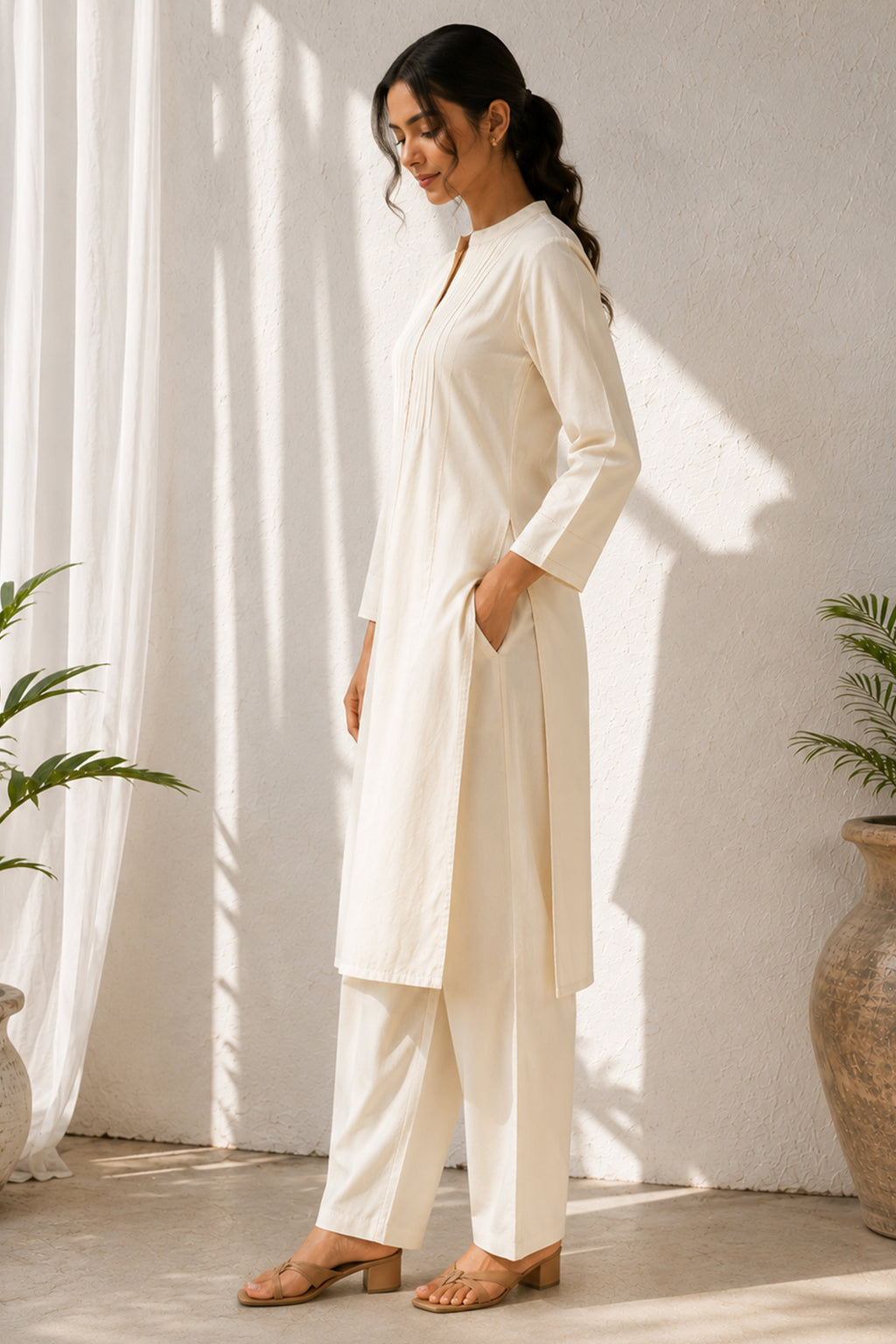 White Pin Tucked Cotton Straight Kurta & Pants Set