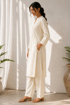 White Pin Tucked Cotton Straight Kurta & Pants Set