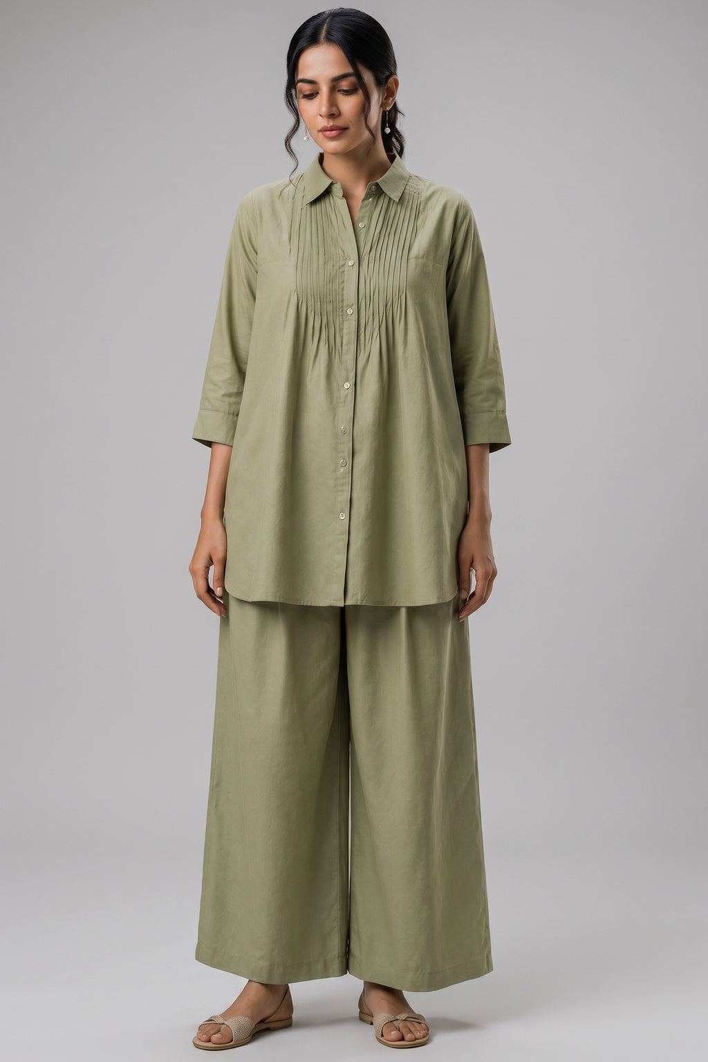 Pistachio Green Cotton Pin Tucked Co ord Set