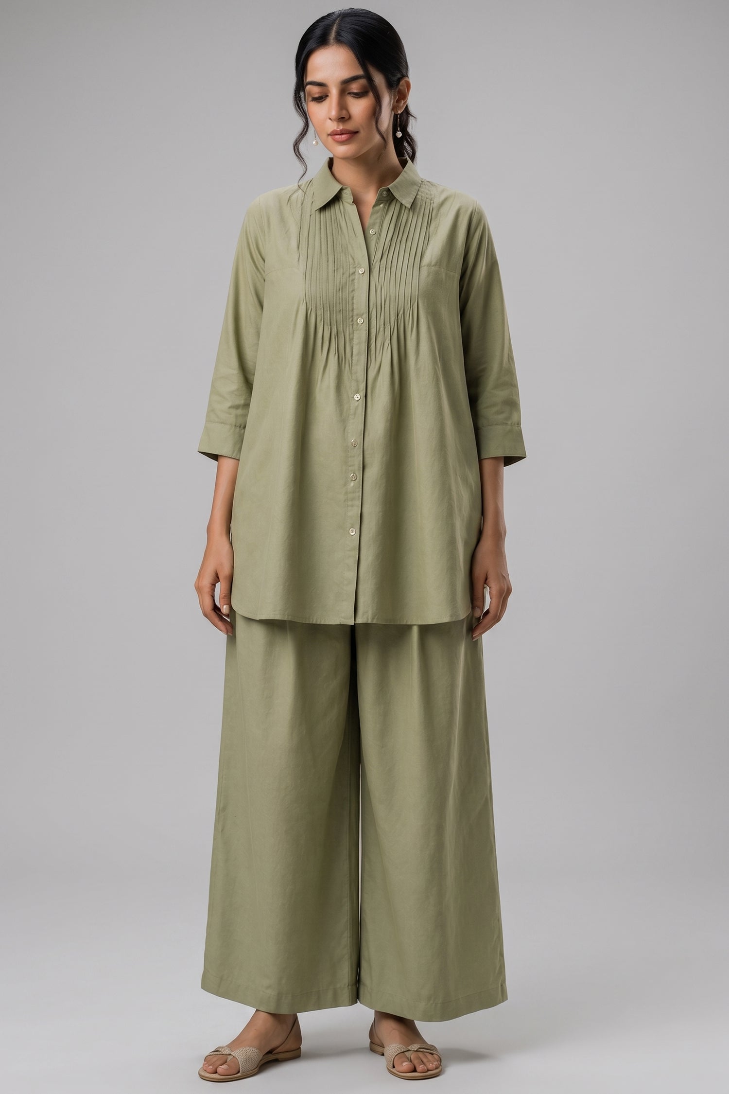 Pistachio Green Cotton Pin Tucked Co ord Set