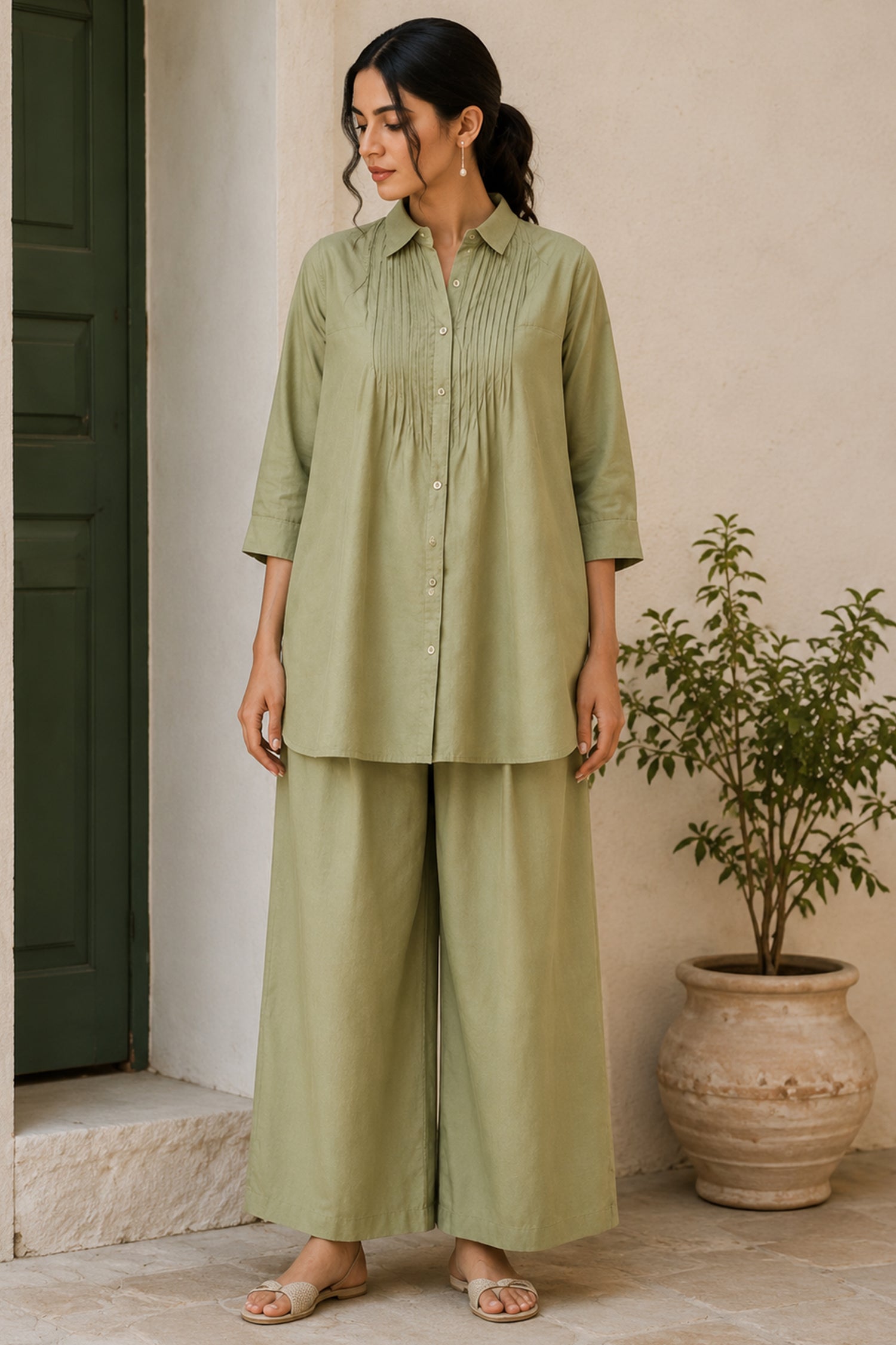 Pistachio Green Cotton Pin Tucked Co ord Set