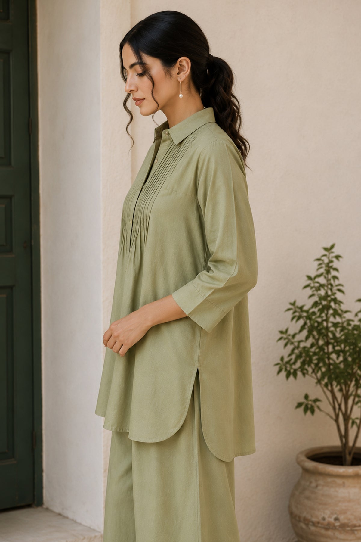 Pistachio Green Cotton Pin Tucked Co ord Set