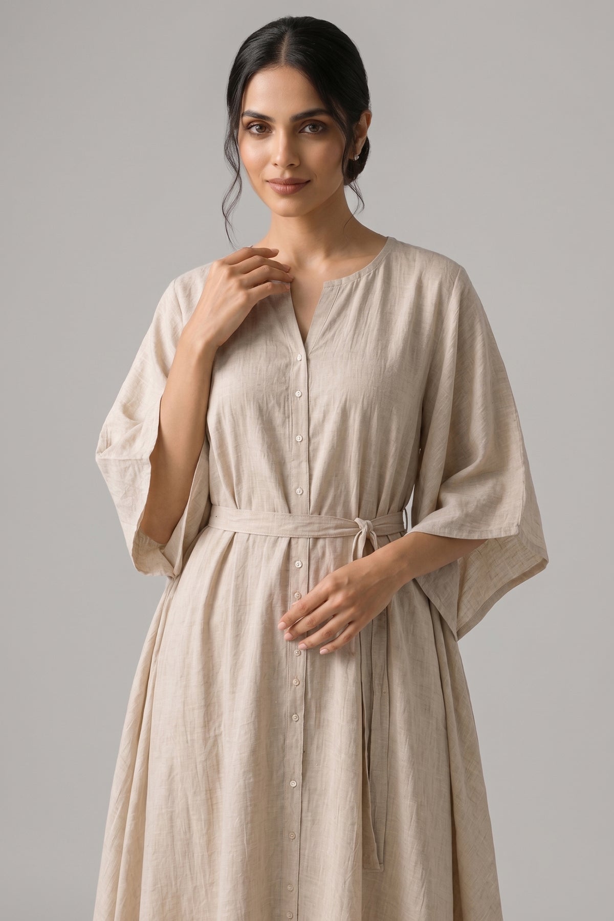Beige Belted Kaftan Style Cotton Kurta Set
