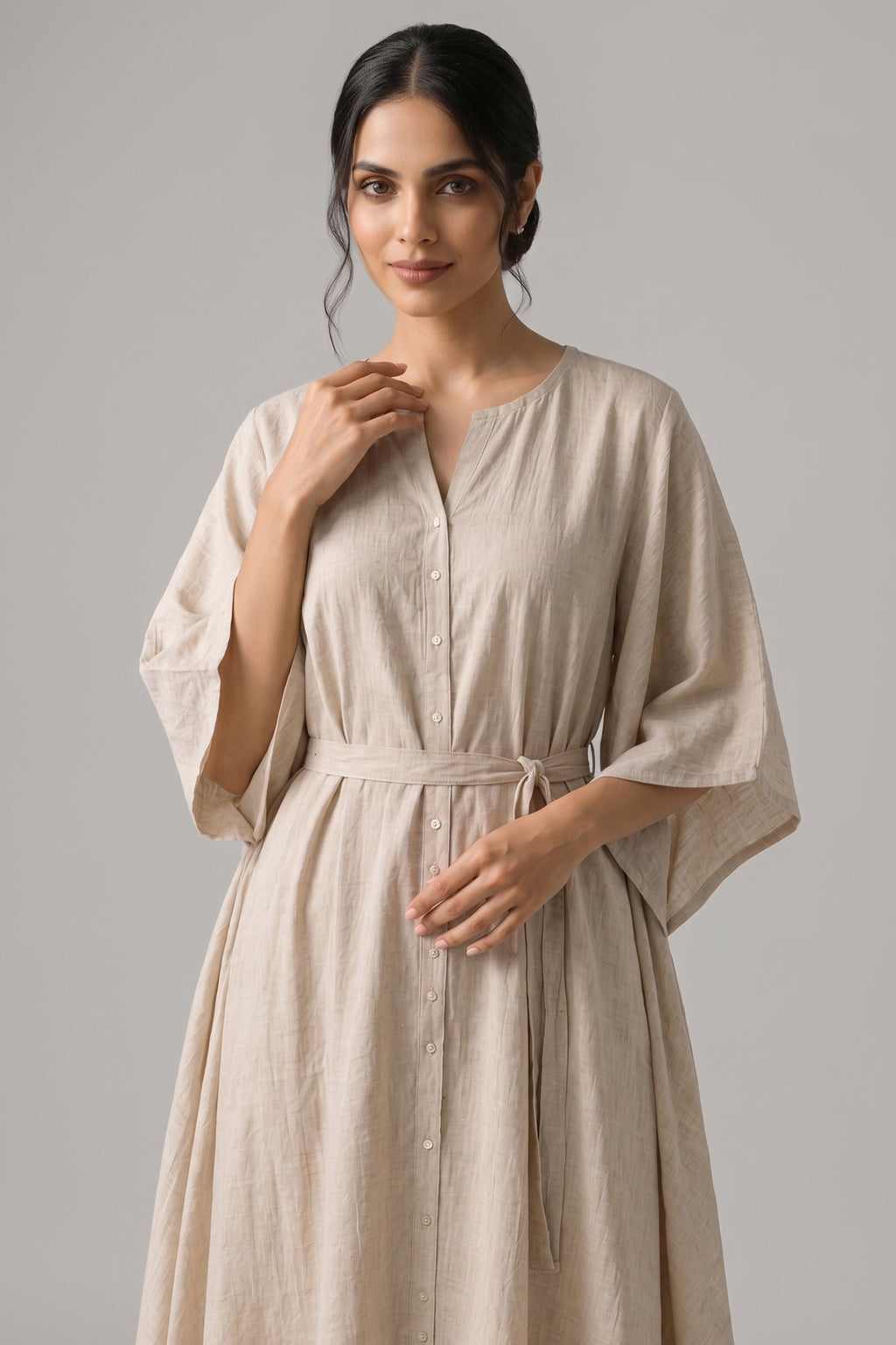 Beige Belted Kaftan Style Cotton Kurta Set