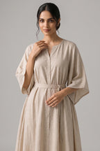 Beige Belted Kaftan Style Cotton Kurta Set