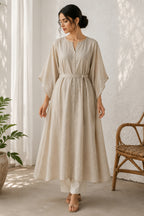 Beige Belted Kaftan Style Cotton Kurta Set