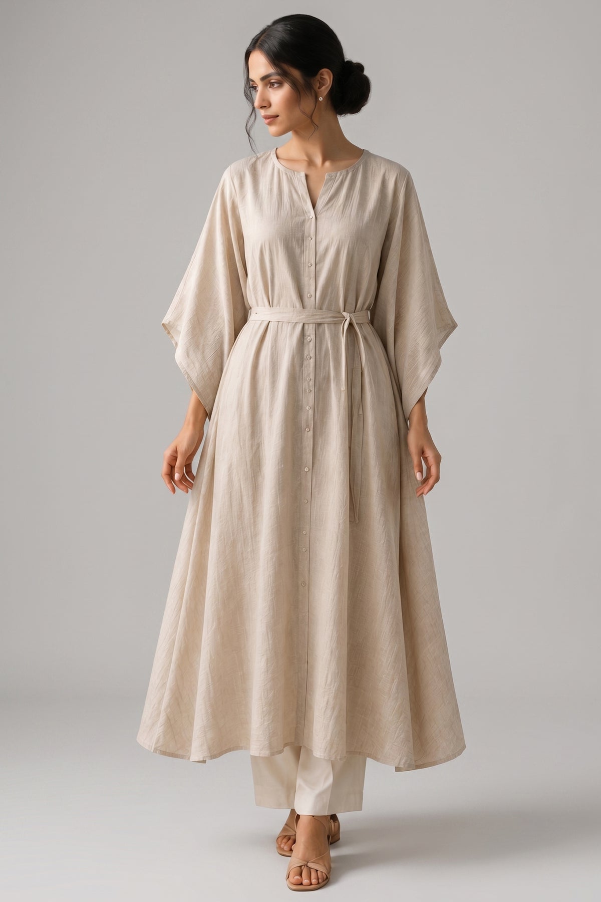 Beige Belted Kaftan Style Cotton Kurta Set