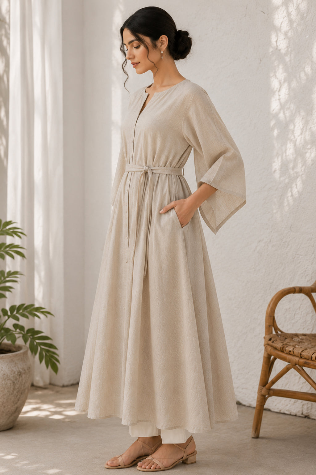 Beige Belted Kaftan Style Cotton Kurta Set