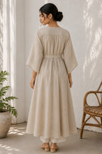 Beige Belted Kaftan Style Cotton Kurta Set