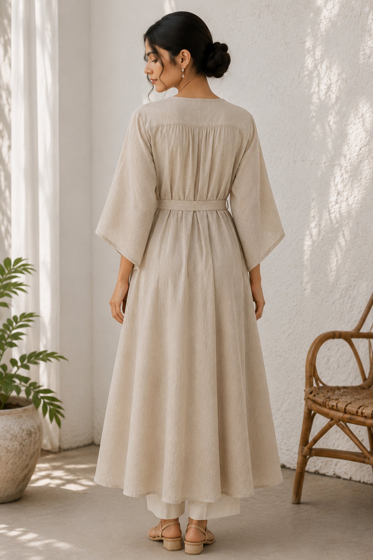 Beige Belted Kaftan Style Cotton Kurta Set