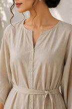 Beige Belted Kaftan Style Cotton Kurta Set