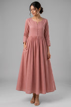 Pink Cotton Gathered Flared Maxi Dress