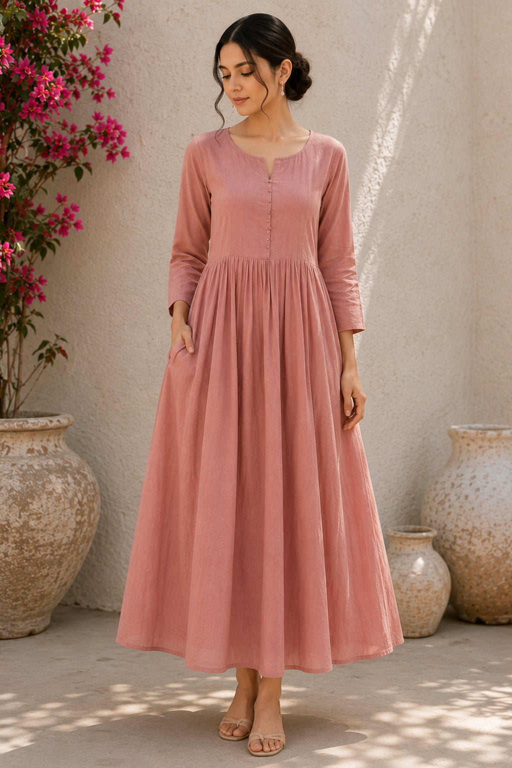 Pink Cotton Gathered Flared Maxi Dress