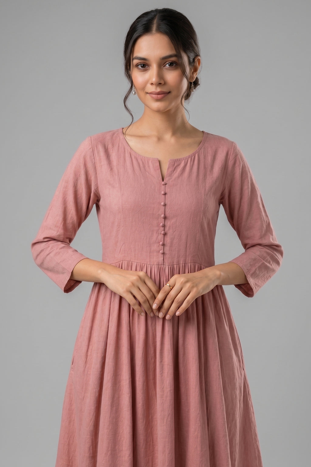 Pink Cotton Gathered Flared Maxi Dress