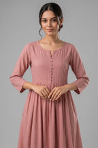 Pink Cotton Gathered Flared Maxi Dress