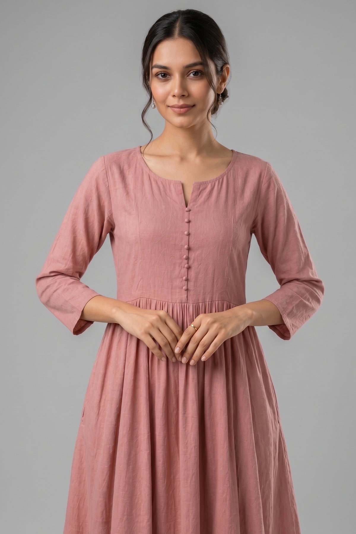Pink Cotton Gathered Flared Maxi Dress