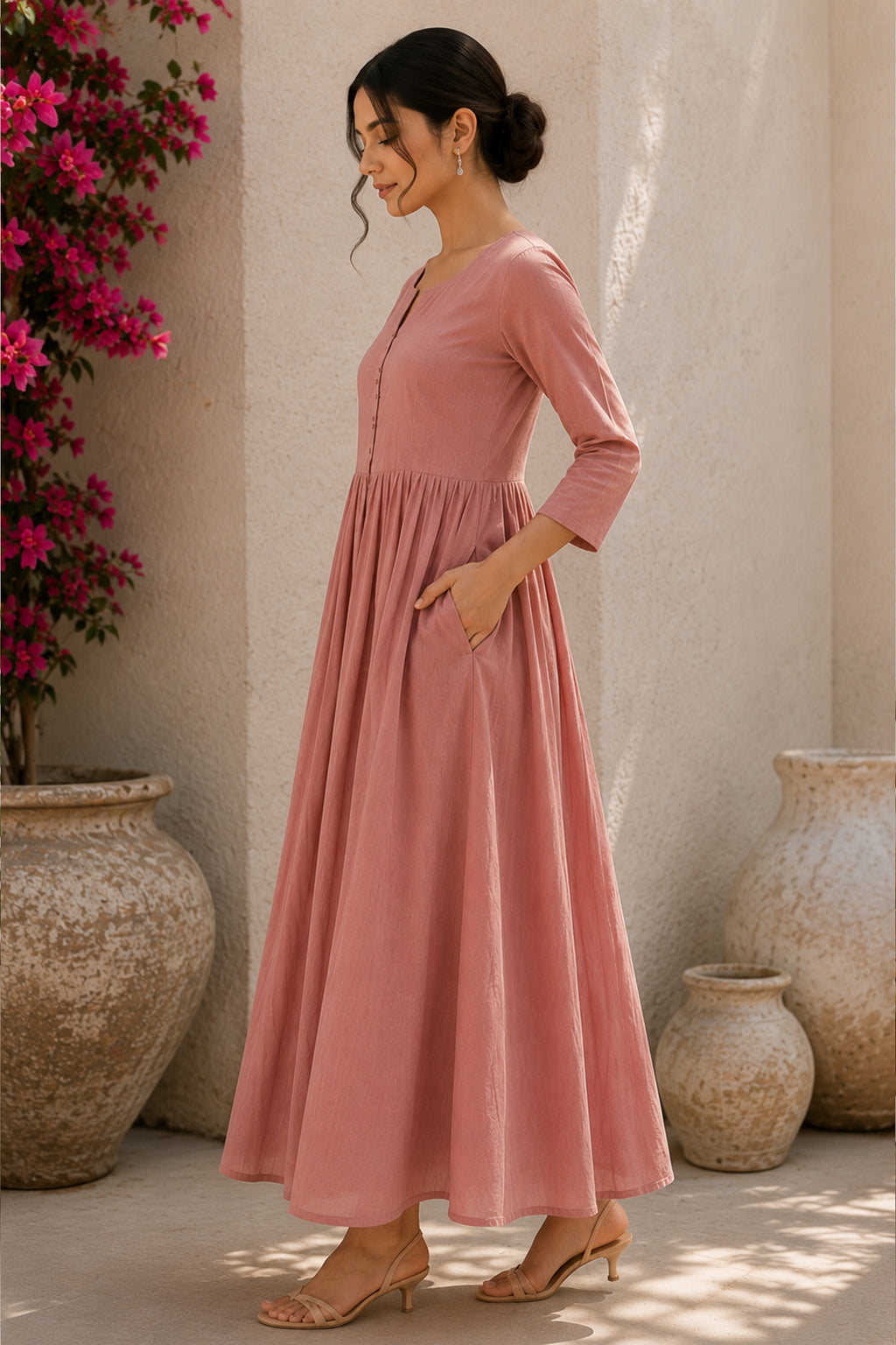 Pink Cotton Gathered Flared Maxi Dress