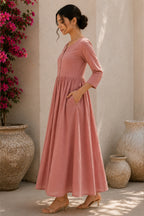 Pink Cotton Gathered Flared Maxi Dress