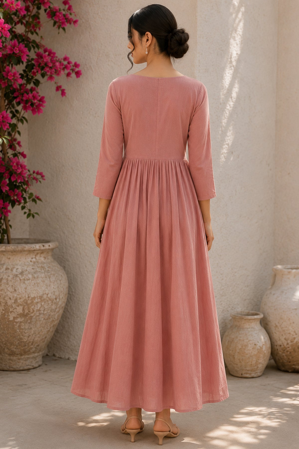 Pink Cotton Gathered Flared Maxi Dress