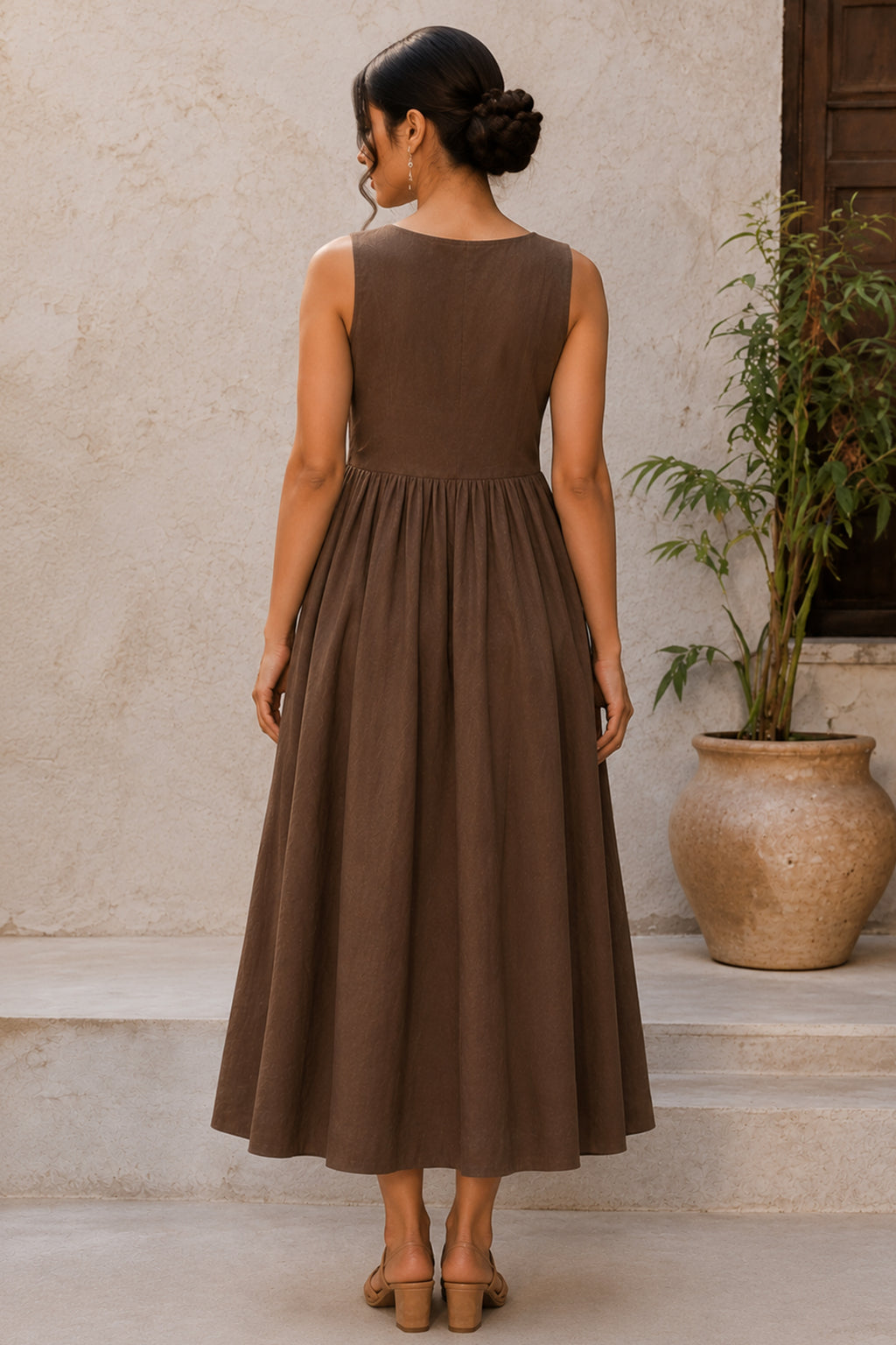 Chocolate Brown Sleeveless Cotton Empire Dress