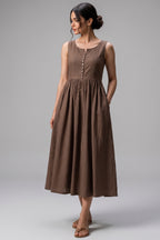 Chocolate Brown Sleeveless Cotton Empire Dress