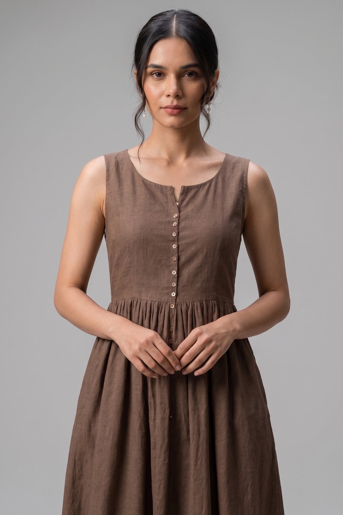 Chocolate Brown Sleeveless Cotton Empire Dress