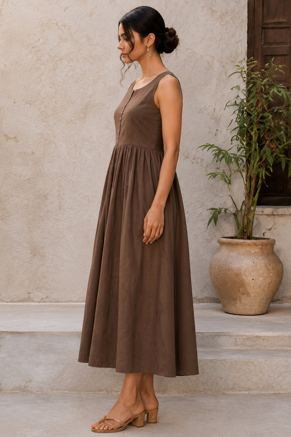 Chocolate Brown Sleeveless Cotton Empire Dress