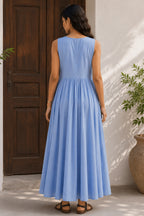 Cerulean Blue Sleeveless V Neck Gathered Flared Dress