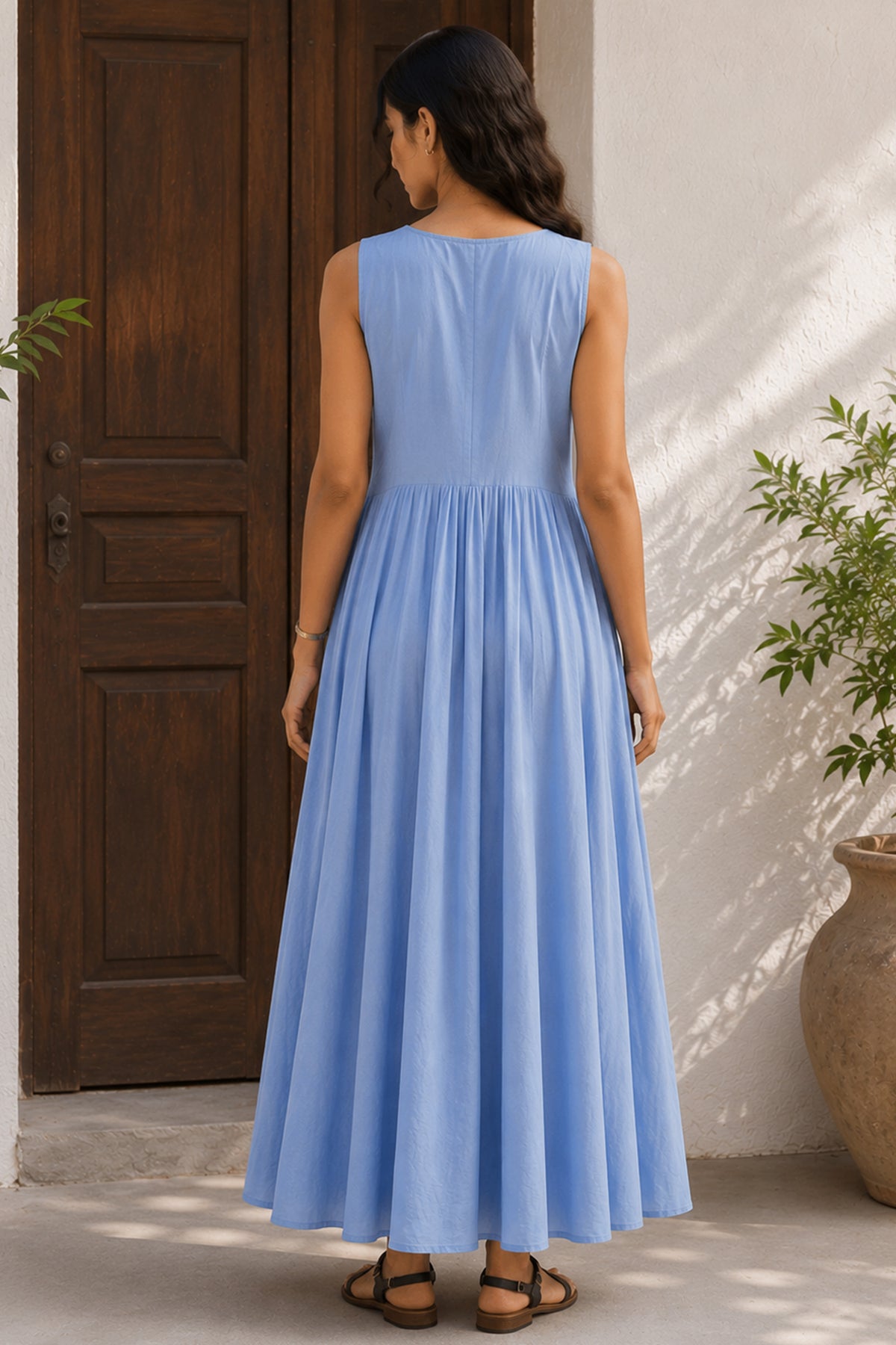 Cerulean Blue Sleeveless V Neck Gathered Flared Dress