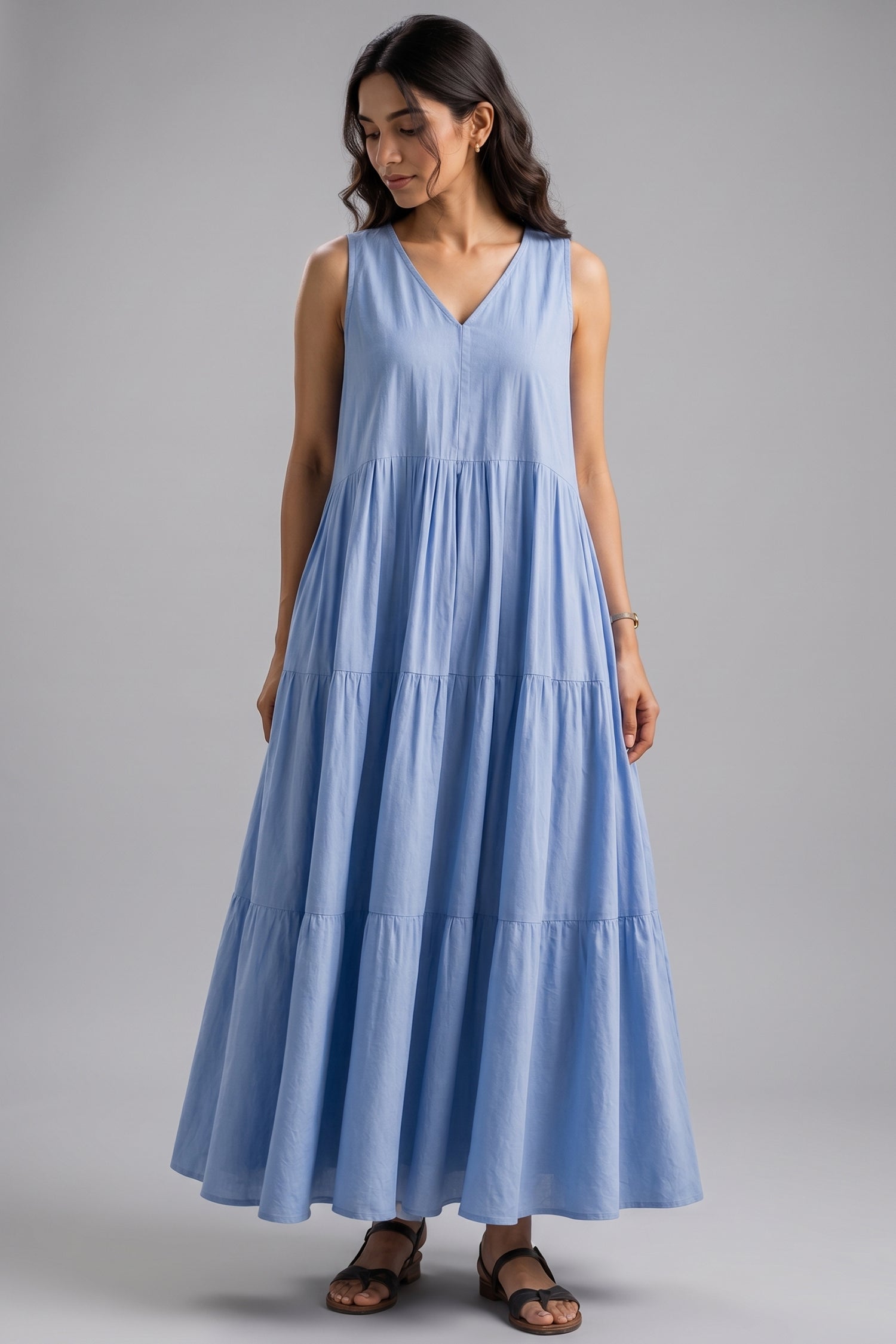 Cerulean Blue Sleeveless V Neck Gathered Flared Dress