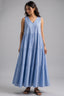 Cerulean Blue Sleeveless V Neck Gathered Flared Dress
