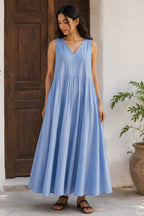 Cerulean Blue Sleeveless V Neck Gathered Flared Dress