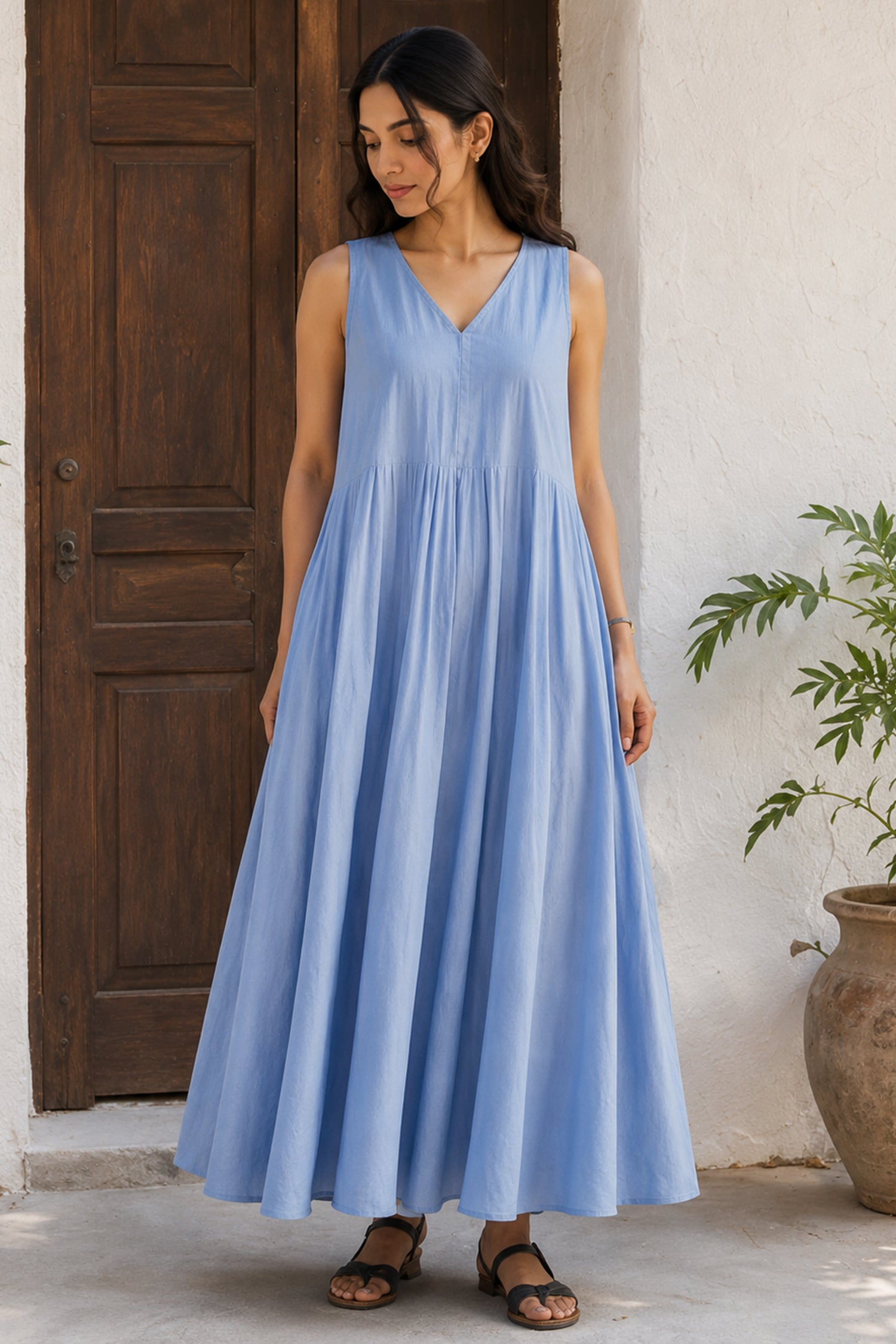 Cerulean Blue Sleeveless V Neck Gathered Flared Dress