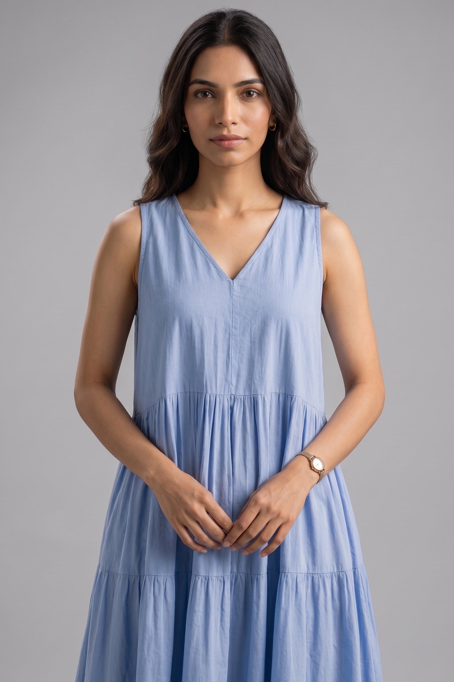 Cerulean Blue Sleeveless V Neck Gathered Flared Dress Secondary image