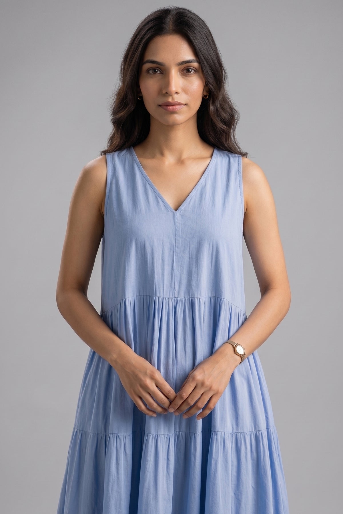 Cerulean Blue Sleeveless V Neck Gathered Flared Dress