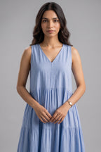 Cerulean Blue Sleeveless V Neck Gathered Flared Dress