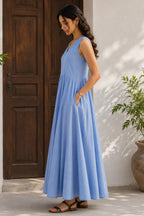 Cerulean Blue Sleeveless V Neck Gathered Flared Dress