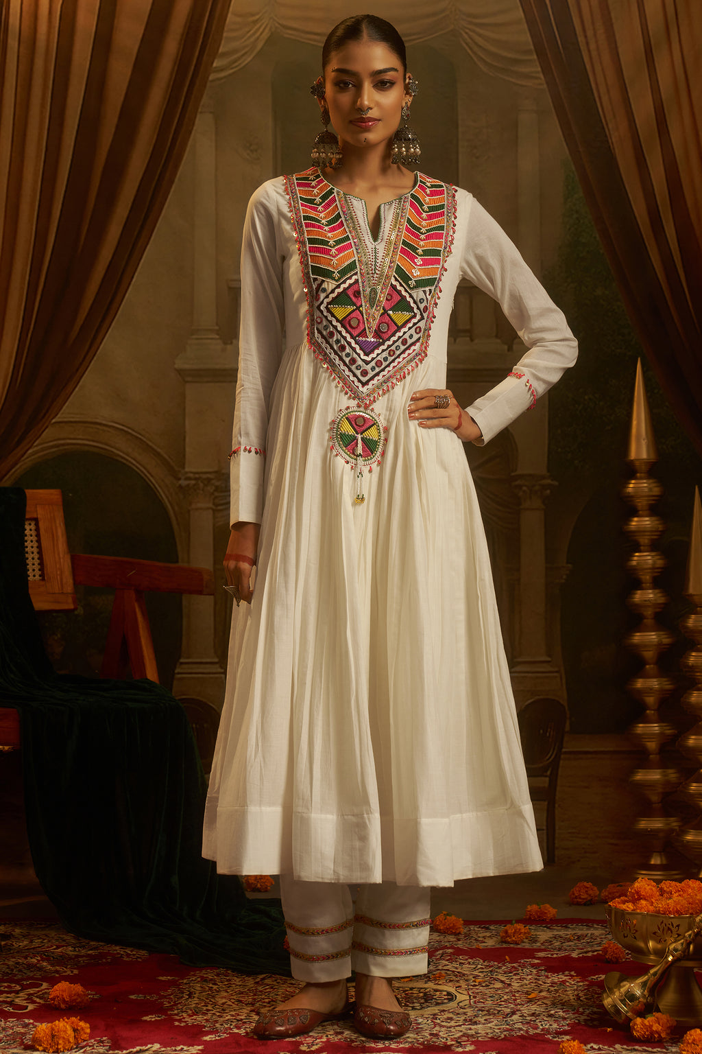 Off White Cotton Anarkali Kurti with Vibrant Kutchi Yoke & Tassels