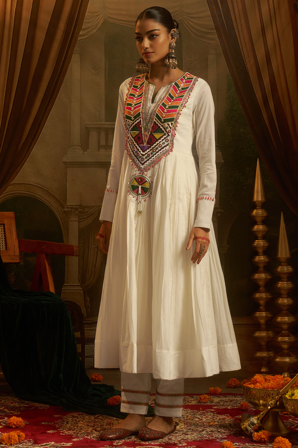 Off White Cotton Anarkali Kurti with Vibrant Kutchi Yoke & Tassels