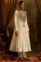 Off White Cotton Anarkali Kurti with Vibrant Kutchi Yoke & Tassels