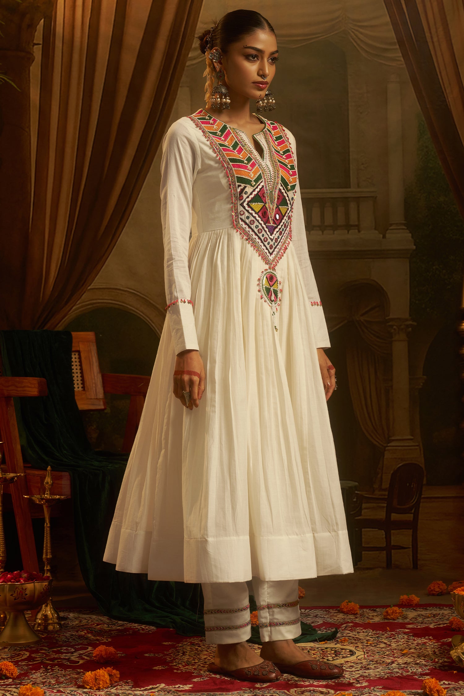 Off White Cotton Anarkali Kurti with Vibrant Kutchi Yoke & Tassels