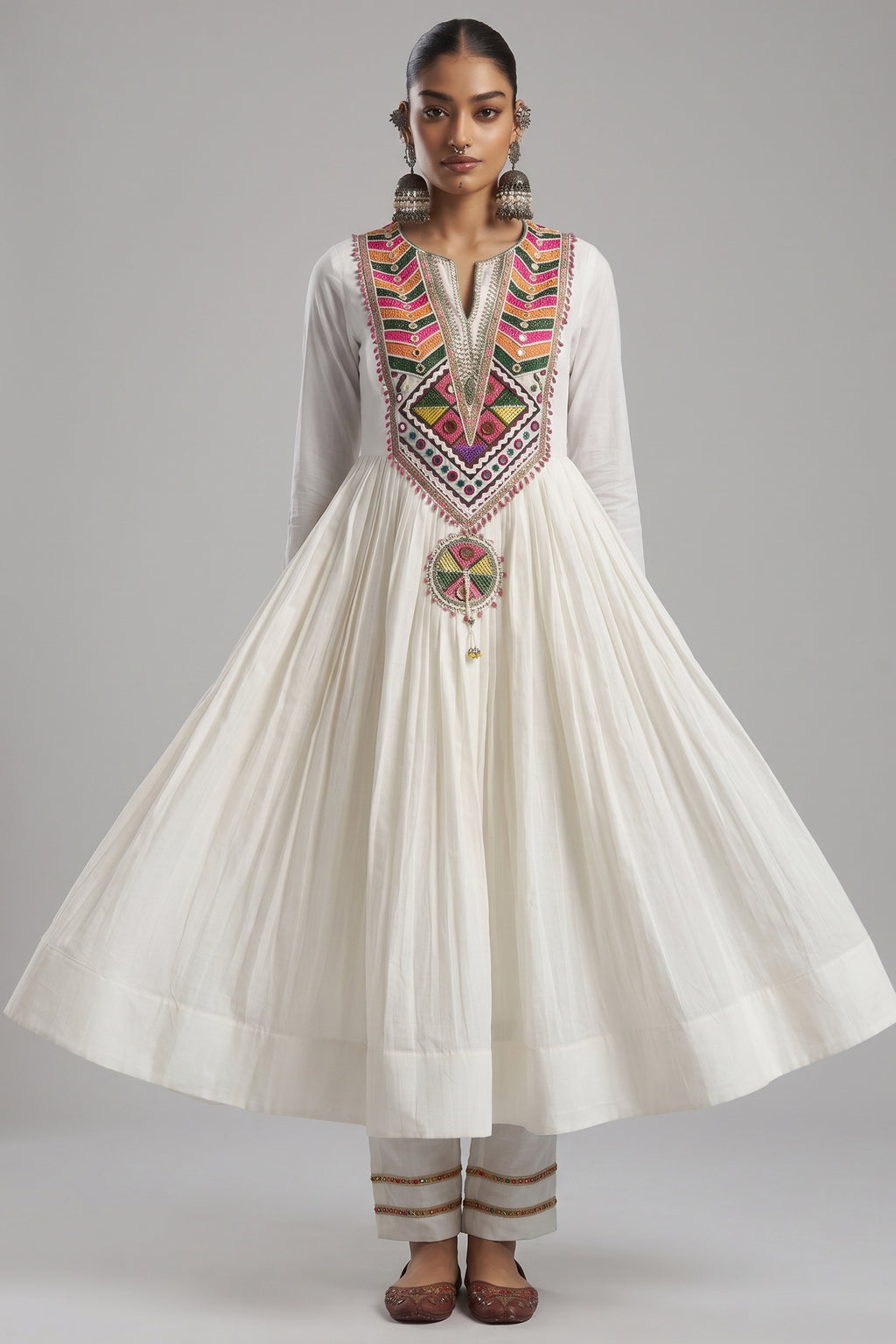Off White Cotton Anarkali Kurti with Vibrant Kutchi Yoke & Tassels