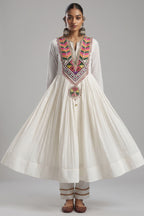 Off White Cotton Anarkali Kurti with Vibrant Kutchi Yoke & Tassels